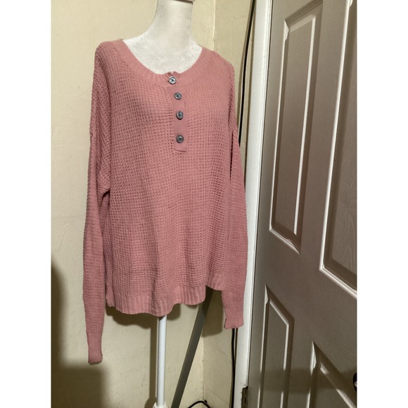 American Eagle Outfitters Sweaters - American Eagle Pink Waffle Knit Button Neck Pullover Sweater Size S